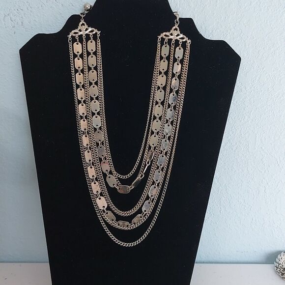 Silver Tone Multilayered Chains Statement Necklace - Picture 1 of 5